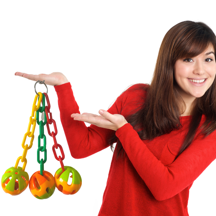 3 piłeczki z grzechotką na kolorowych Łańcuszkach - zabawka dla średnich i dużych papug od ParrotPlanet.pl