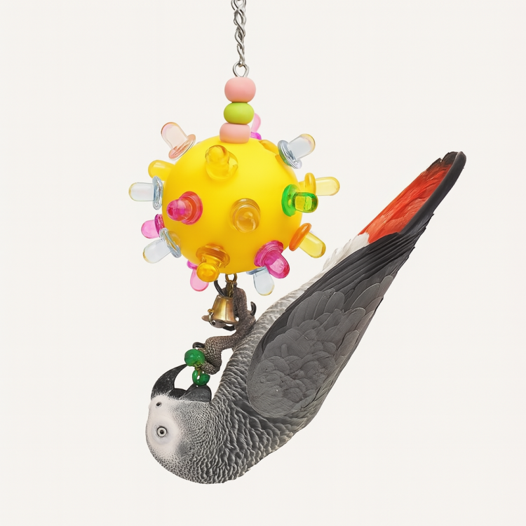 Wiszące Smoczki w piłce L | Kreatywna Zabawka dla dużych i średnich papug | Żółta | Parrot Planet