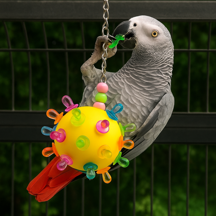 Wiszące Smoczki w piłce L | Kreatywna Zabawka dla dużych i średnich papug | Żółta | Parrot Planet