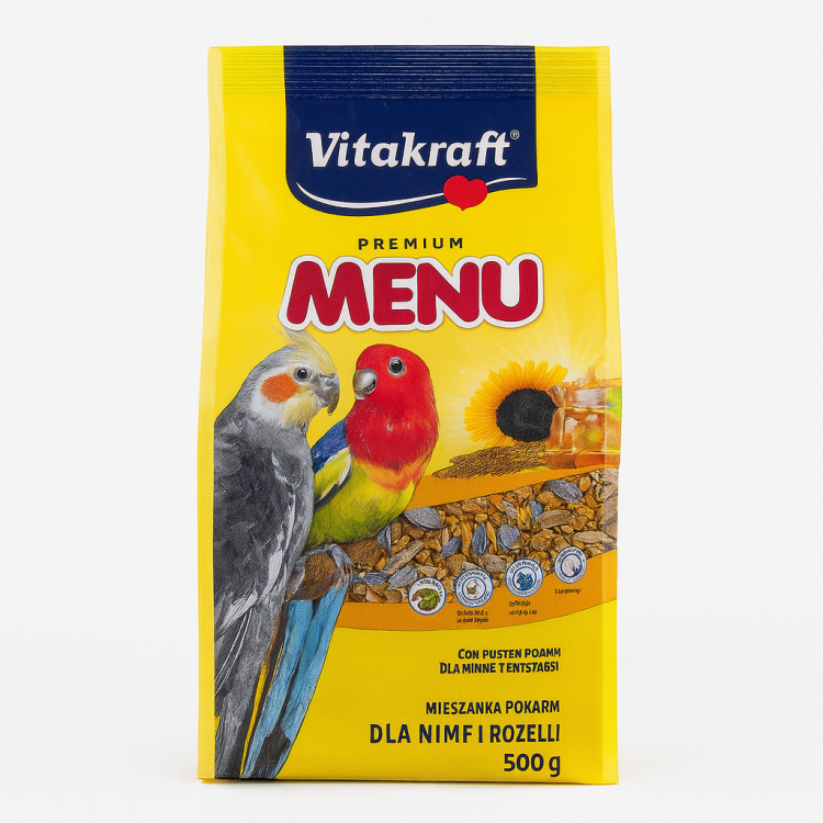 VITAKRAFT Menu dla nimf i średnich papug 1 kg – pełnoporcjowa naturalna karma z miodem, witaminami i minerałami od ParrotPlanet.pl