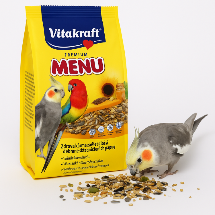 VITAKRAFT Menu dla nimf i średnich papug 1 kg – pełnoporcjowa naturalna karma z miodem, witaminami i minerałami od ParrotPlanet.pl