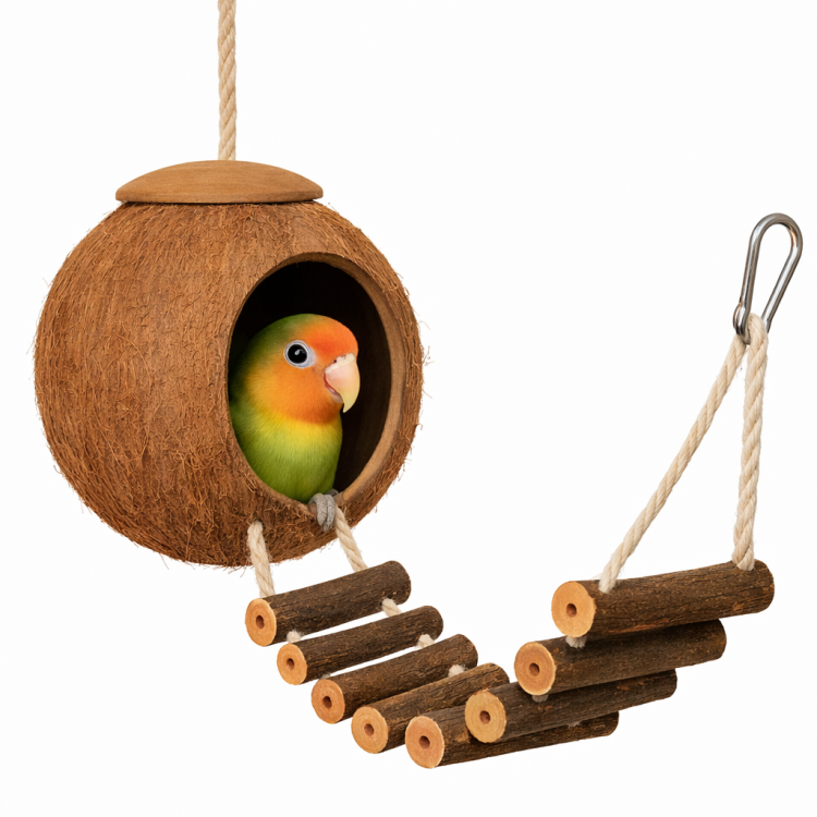 Kokosowy Domek - drabinka,  lub zabawka dla wszystkich papug od ParrotPlanet.pl