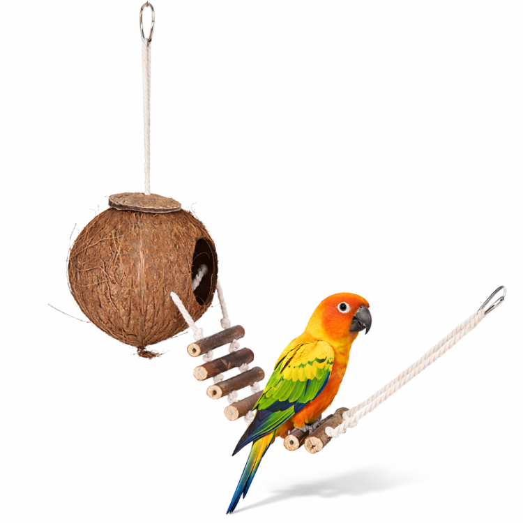 Kokosowy Domek - drabinka,  lub zabawka dla wszystkich papug od ParrotPlanet.pl