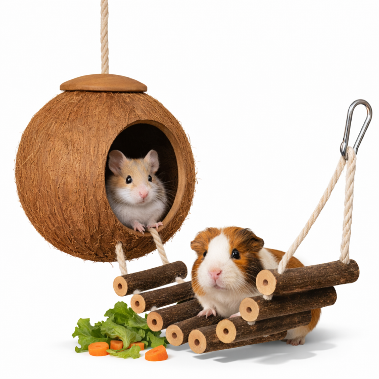 Kokosowy Domek z Drabinką – naturalna zabawka i kryjówka dla gryzoni 50 × 14 cm od ParrotPlanet.pl