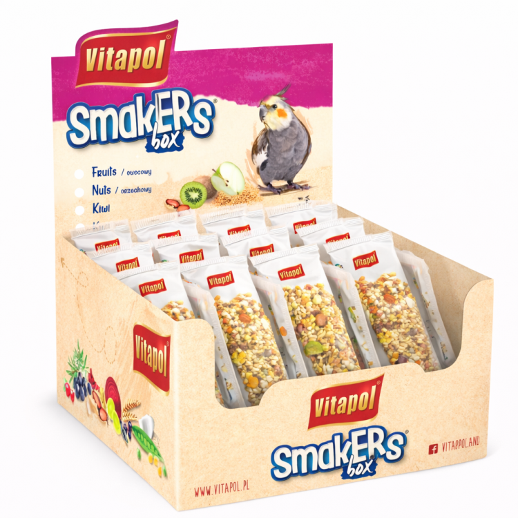 VITAPOL-SMAKERS BOX OWOCOWY DLA NIMFY - MIX 3 SMAKI: ORZECHOWY, OWOCOWY, KIWI - 12 SZTUK od ParrotPlanet.pl