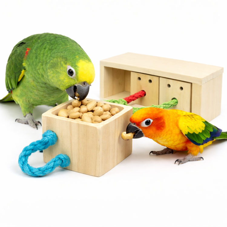 3 papuzie pudełka rozmaitości - zabawka logiczna dla średnich i dużych papug od ParrotPlanet.pl