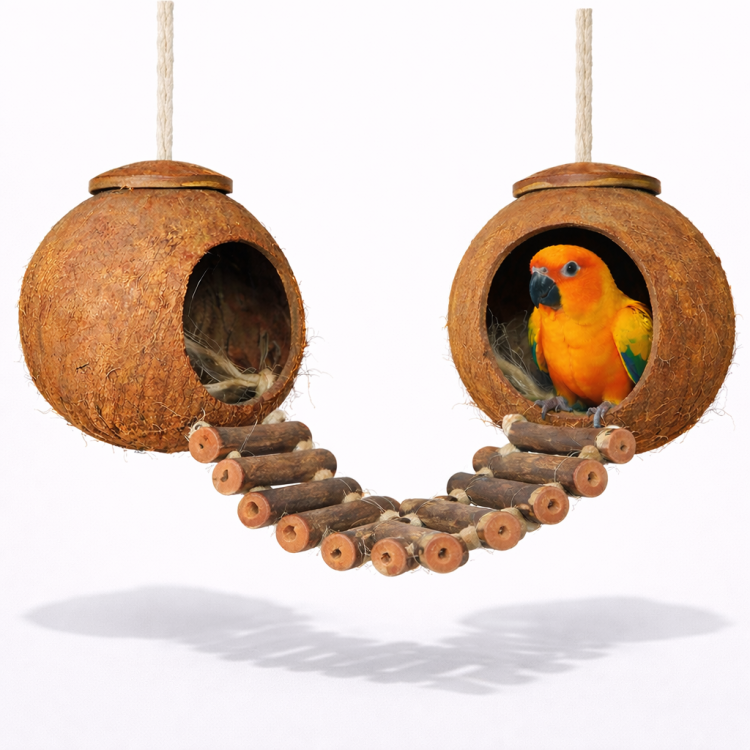 Kokosowe Domki z drabinką- zabawka dla wszystkich papug od ParrotPlanet.pl