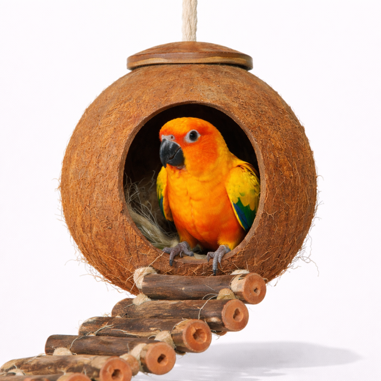 Kokosowe Domki z drabinką- zabawka dla wszystkich papug od ParrotPlanet.pl