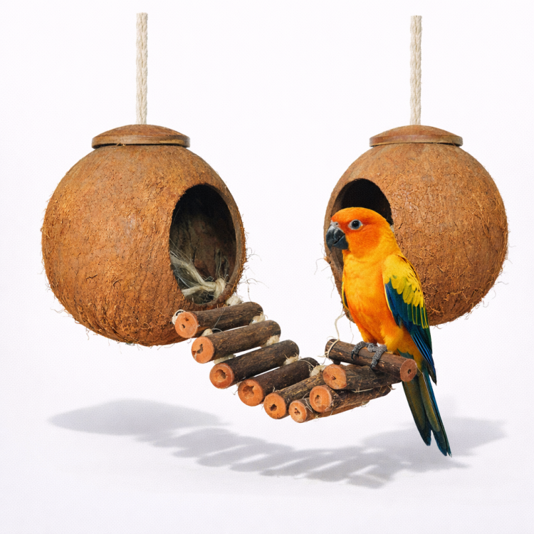 Kokosowe Domki z drabinką- zabawka dla wszystkich papug od ParrotPlanet.pl
