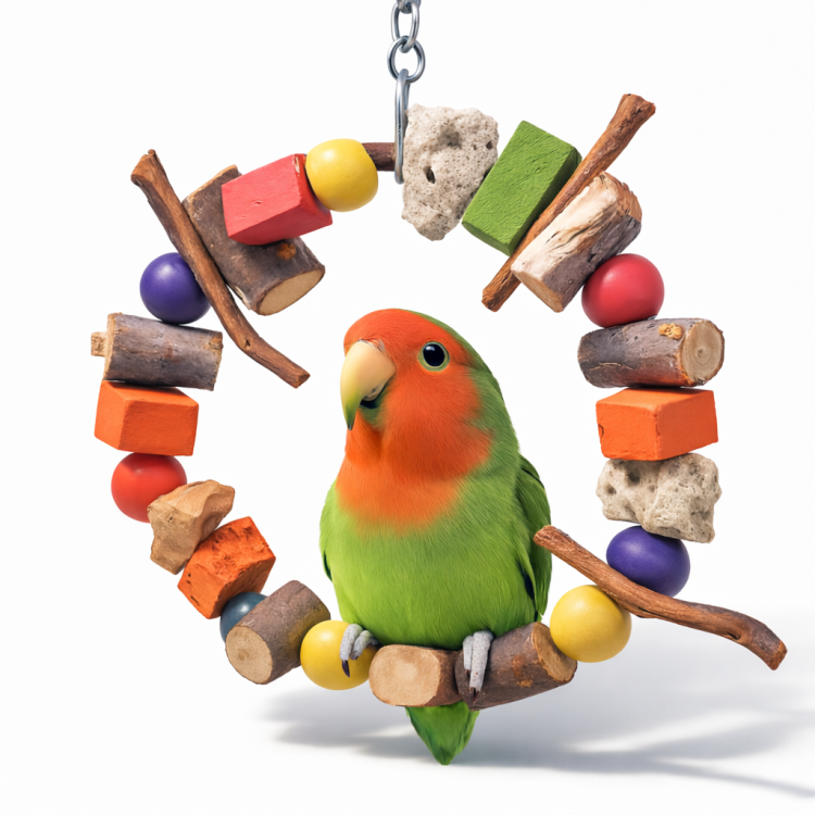 Drewniany Pierścień z kamieniami Lava – Zabawka dla Małych i Średnich Papug  od ParrotPlanet.pl