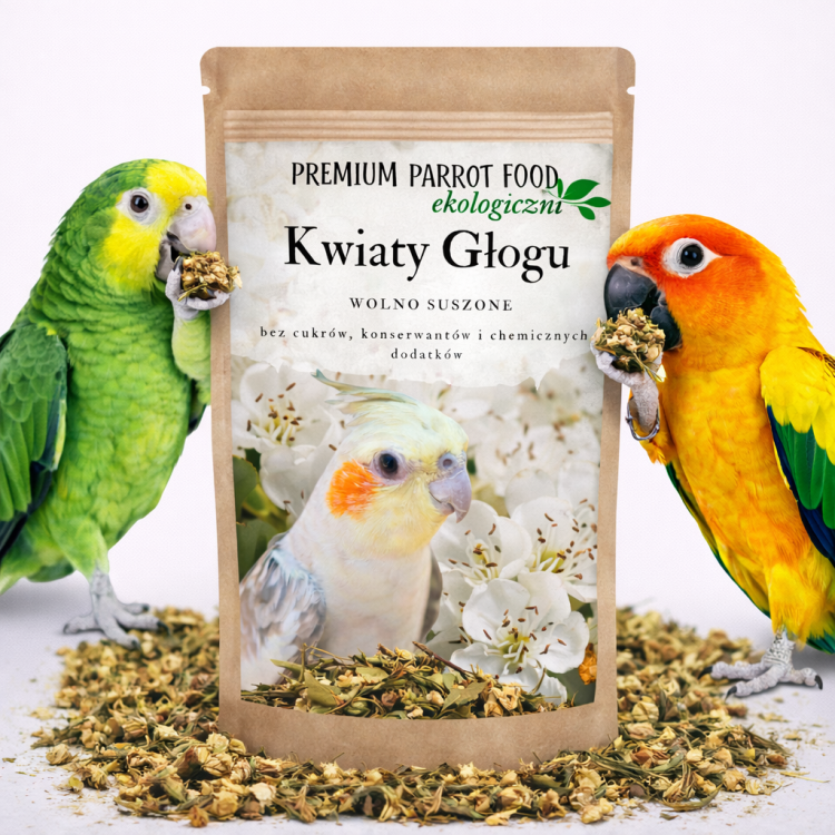 Premium Parrot Food | Ekologiczne kwiaty głogu | Zdrowy Dodatek do pokarmu dla wszystkich papug 50g  od ParrotPlanet.pl