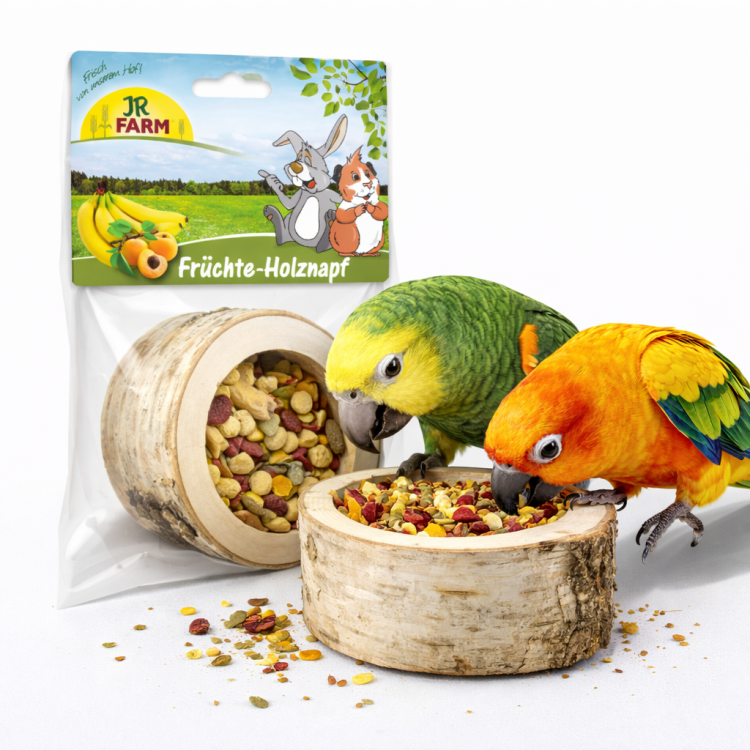 JR FARM Owocowa Miska Drewniana do Dziobania z bananem, ananasem, morelą i burakiem dla papug 120 g od ParrotPlanet.pl