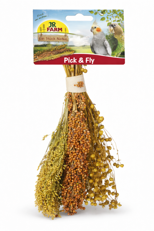 JR FARM Pick & Fly 130 g – naturalny bukiet kłosów dla gryzoni | sorgo, proso, len od ParrotPlanet.pl