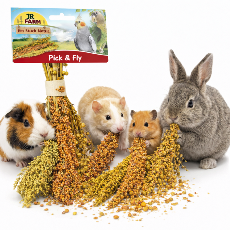 JR FARM Pick & Fly 130 g – naturalny bukiet kłosów dla gryzoni | sorgo, proso, len od ParrotPlanet.pl