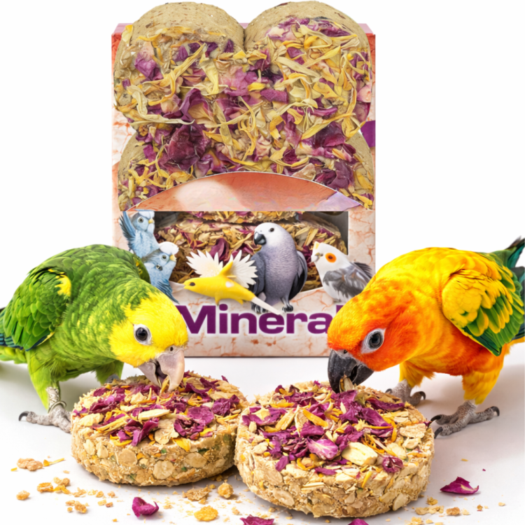 Kostka mineralna z kwiatami i zbożem dla papug naturalne źródło minerałów od ParrotPlanet.pl